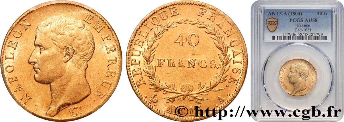 40 francs or Napoléon tête nue, Calendrier révolutionnaire 1805 Paris F.537/1 SPL58 PCGS