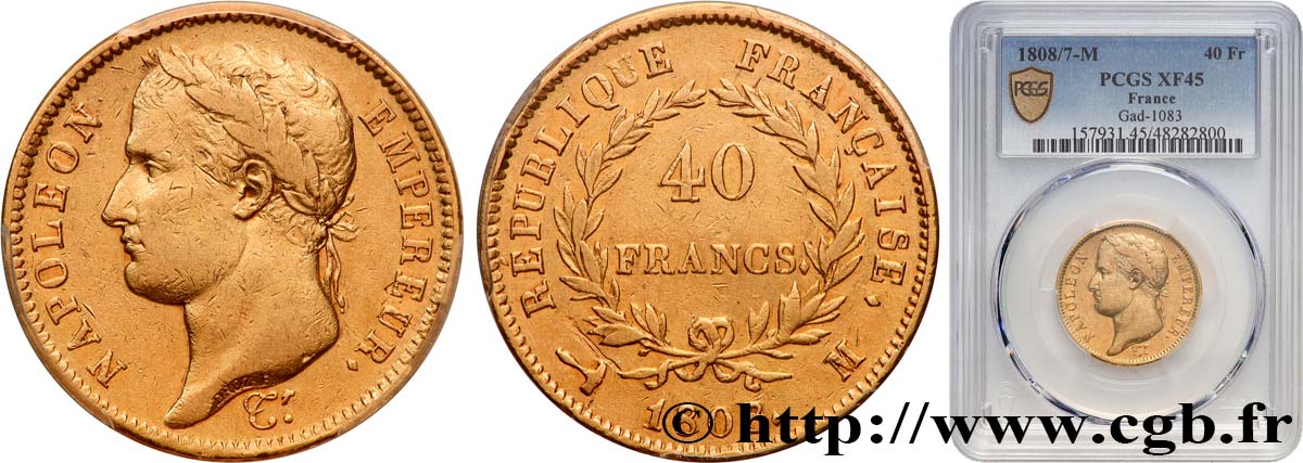 40 francs or Napoléon Ier tête laurée, République française 1808 Toulouse F.540/4 BB45 PCGS