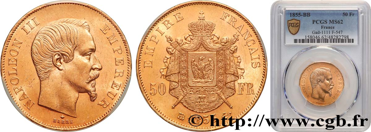 50 francs or Napoléon III, tête nue 1855 Strasbourg F.547/2 SPL62 PCGS