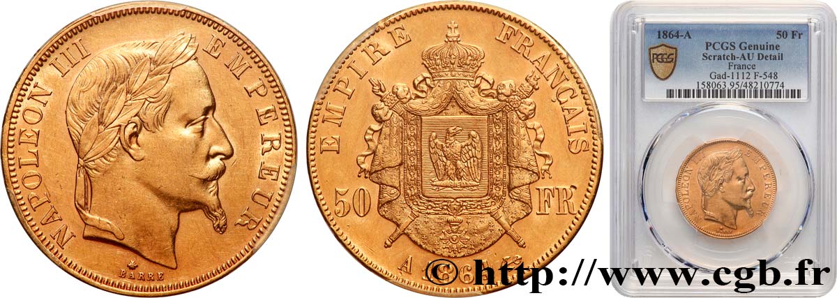 50 francs or Napoléon III, tête laurée 1864 Paris F.548/4 AU PCGS