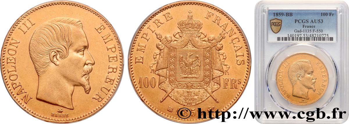 100 francs or Napoléon III tête nue 1859 Strasbourg F.550/8 SS53 PCGS