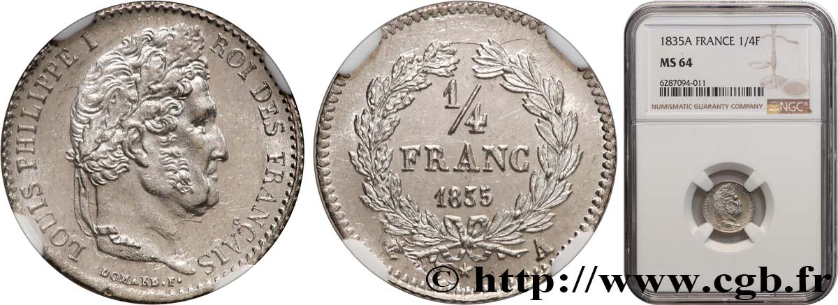 1/4 franc Louis-Philippe 1835 Paris F.166/49 MS64 NGC