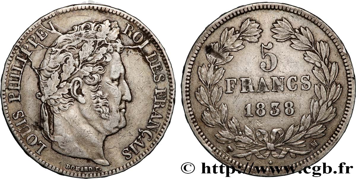 5 francs IIe type Domard, Cassures de coin 1838 Marseille F.324/73 XF 