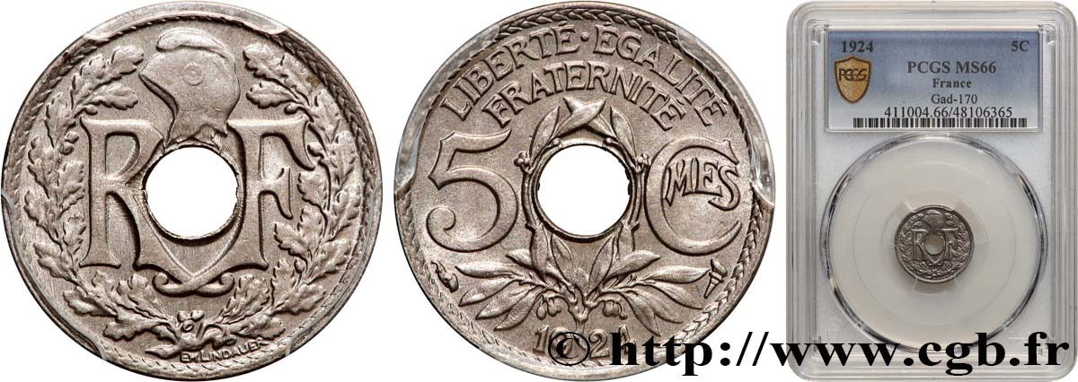 5 centimes Lindauer, petit module 1924 Paris F.122/8 FDC66 PCGS
