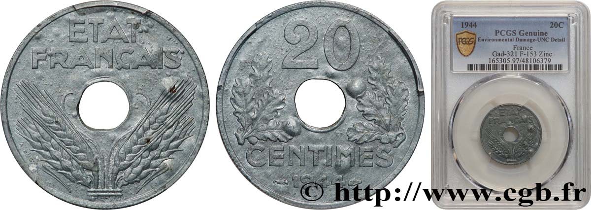 20 centimes État français, légère 1944  F.153A/2 SPL+ PCGS