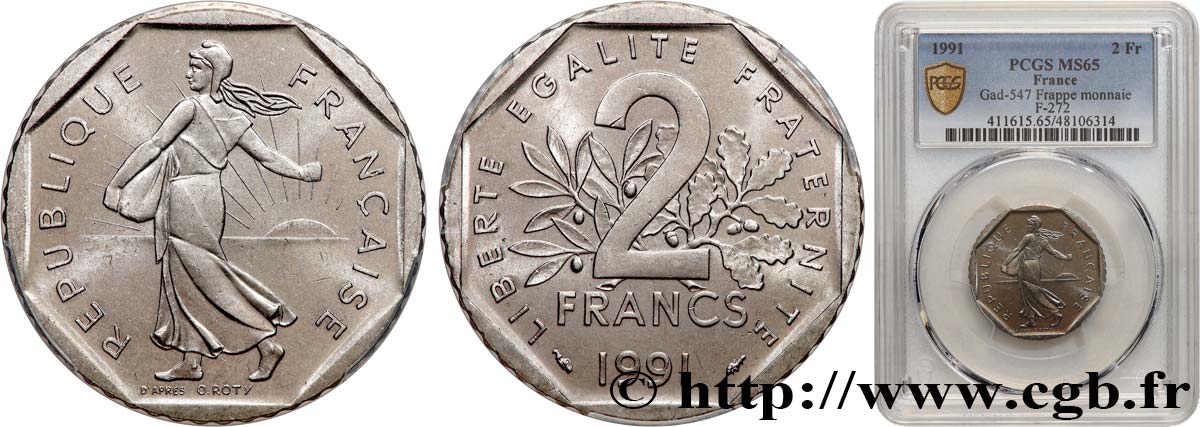 2 francs Semeuse, nickel, frappe monnaie 1991 Pessac F.272/15 FDC65 PCGS