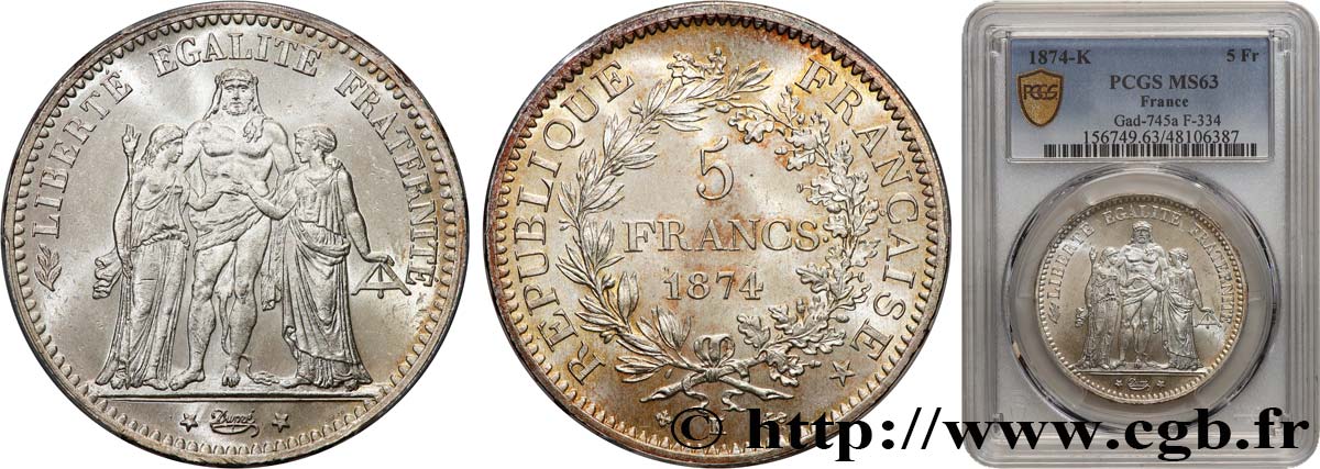 5 francs Hercule 1874 Bordeaux F.334/13 SPL63 PCGS