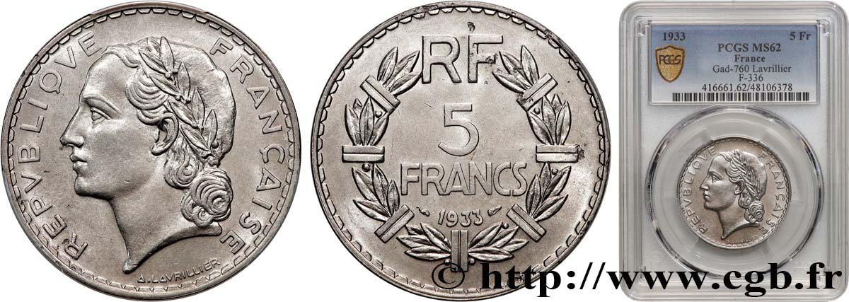 5 francs Lavrillier, nickel 1933  F.336/2 MS62 PCGS