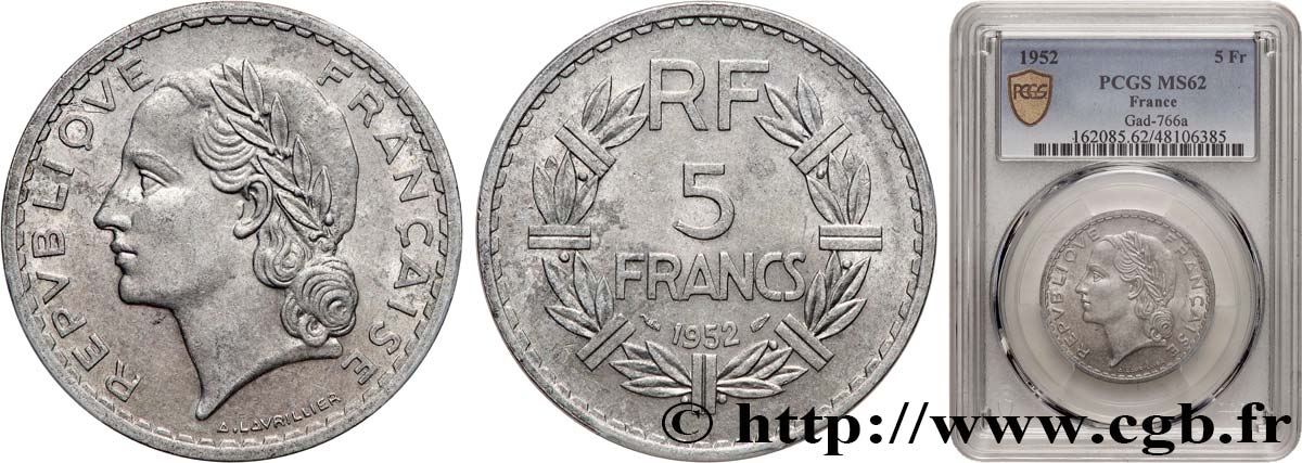 5 francs Lavrillier, aluminium 1952  F.339/22 MS62 PCGS