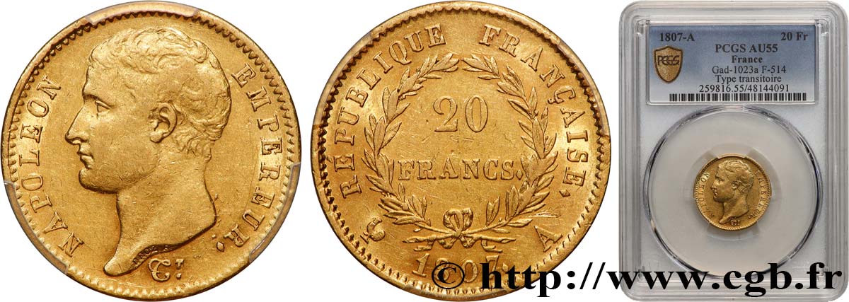 20 francs Napoléon tête nue, type transitoire 1807 Paris F.514/1 AU55 PCGS