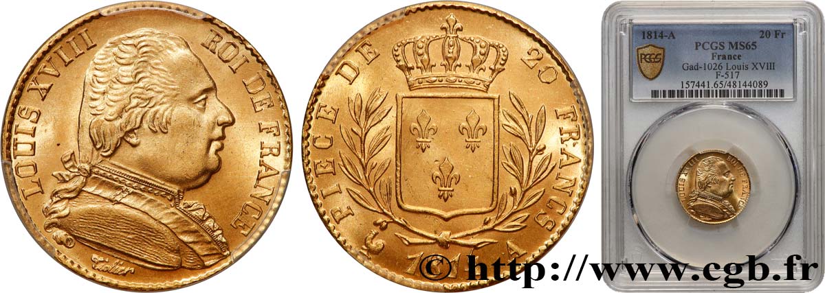 20 francs or Louis XVIII, buste habillé 1814 Paris F.517/1 ST65 PCGS