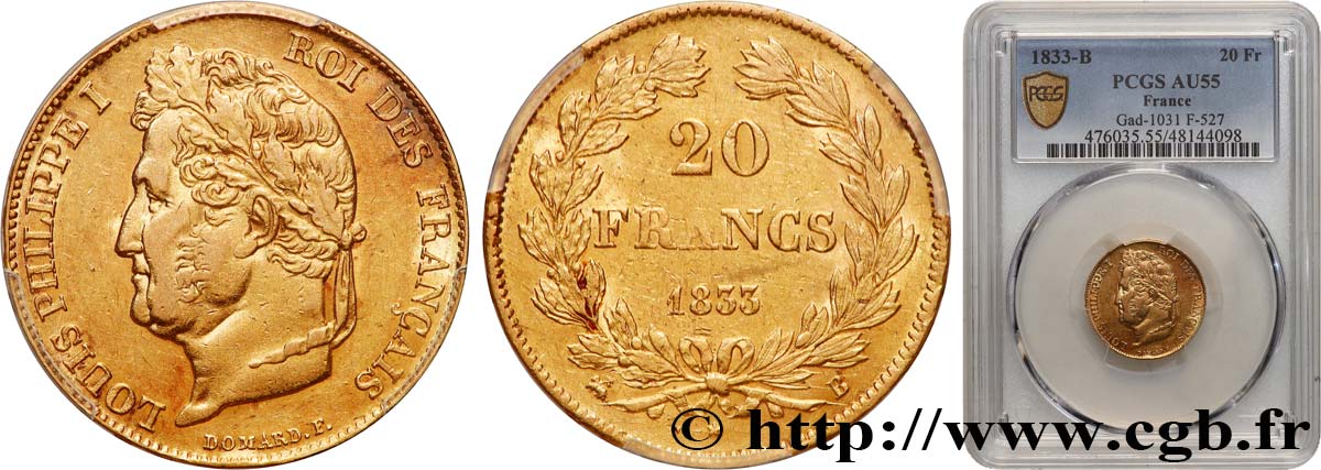 20 francs Louis-Philippe, Domard 1833 Rouen F.527/5 AU55 PCGS