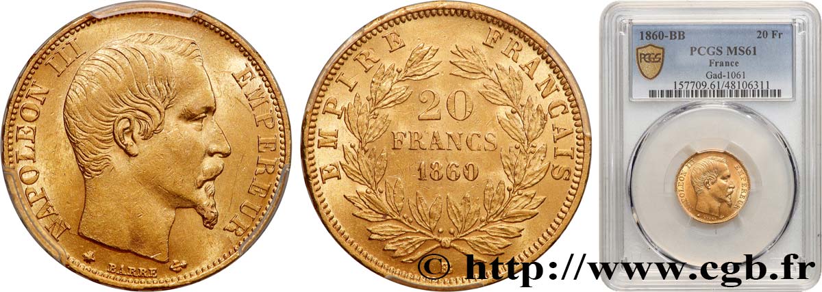 20 francs or Napoléon III, tête nue 1860 Strasbourg F.531/20 SUP61 PCGS