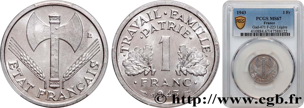 1 franc Francisque, légère 1943  F.223/3 FDC67 PCGS
