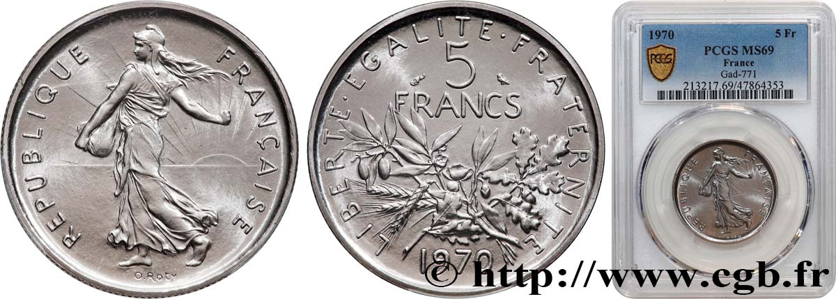 5 francs Semeuse, nickel 1970 Paris F.341/2 FDC69 PCGS