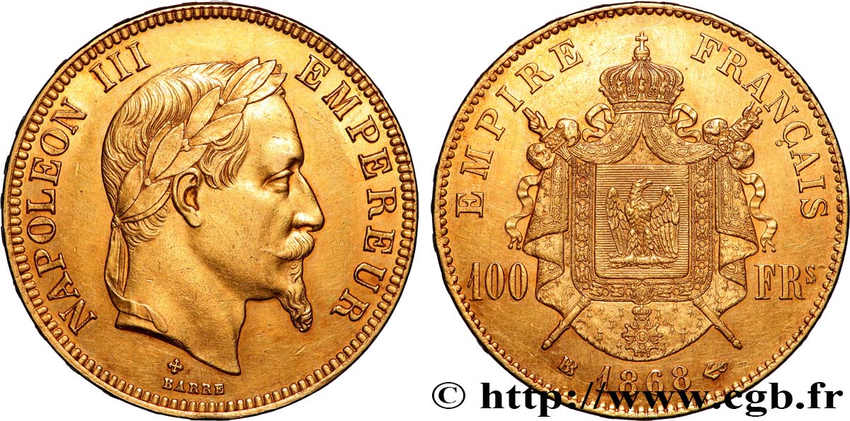100 francs or Napoléon III, tête laurée 1868 Strasbourg F.551/11 AU 