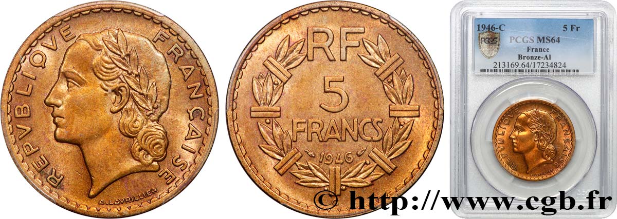 5 francs Lavrillier, bronze-aluminium 1946 Castelsarrasin F.337/8 SC64 PCGS