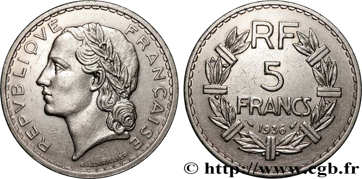 5 francs Lavrillier, nickel 1936  F.336/5 AU 