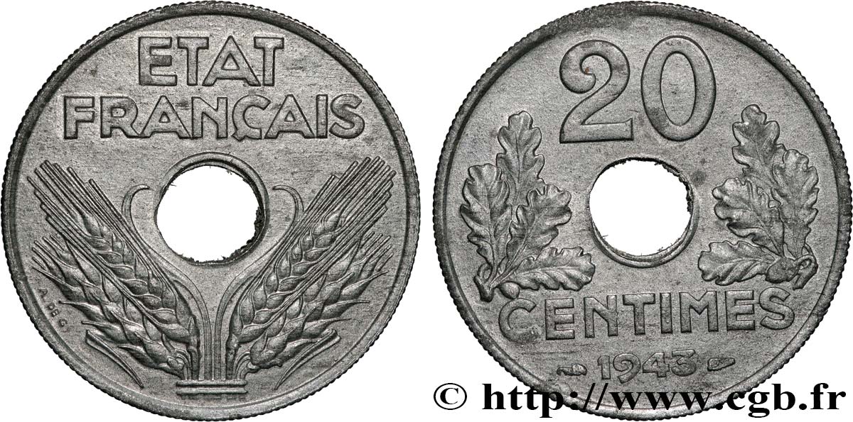 20 centimes État français, lourde 1943  F.153/5 VZ 