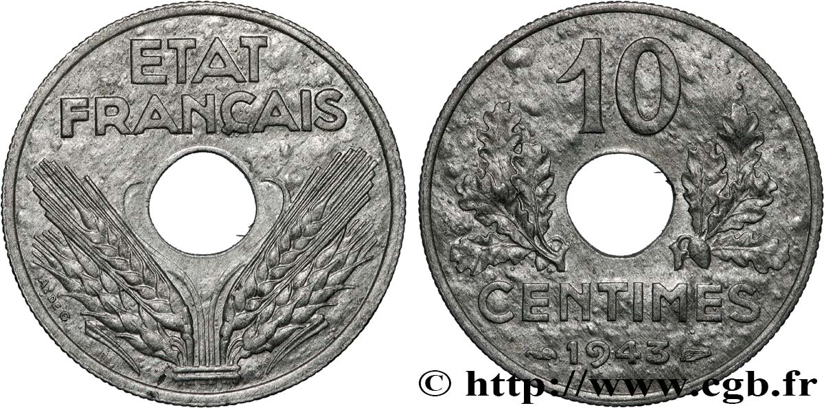 10 centimes État français, grand module 1943  F.141/5 TTB53 
