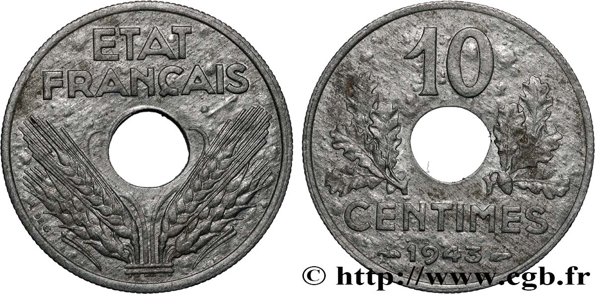 10 centimes État français, grand module 1943  F.141/5 TTB53 