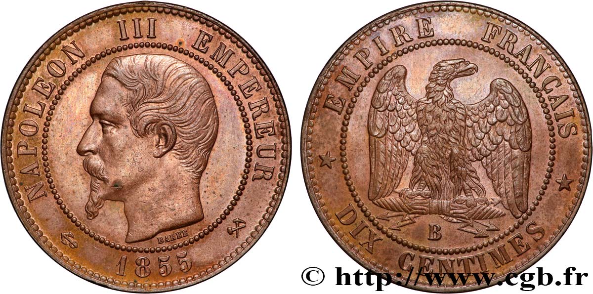 Dix centimes Napoléon III, tête nue 1855 Rouen F.133/22 SUP+ 