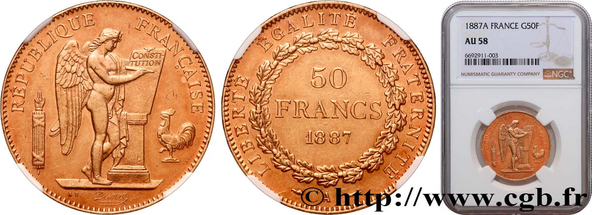 50 francs or Génie 1887 Paris F.549/2 AU58 NGC