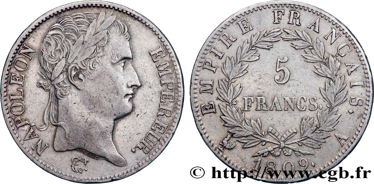 5 francs Napoléon Empereur, Empire français 1809 Paris F.307/1 XF 