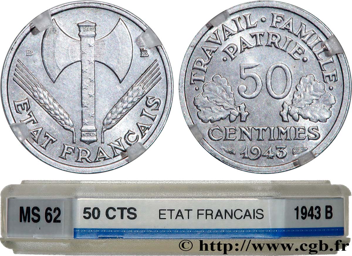 50 centimes Francisque, légère 1943 Beaumont-Le-Roger F.196/3 VZ62 GENI
