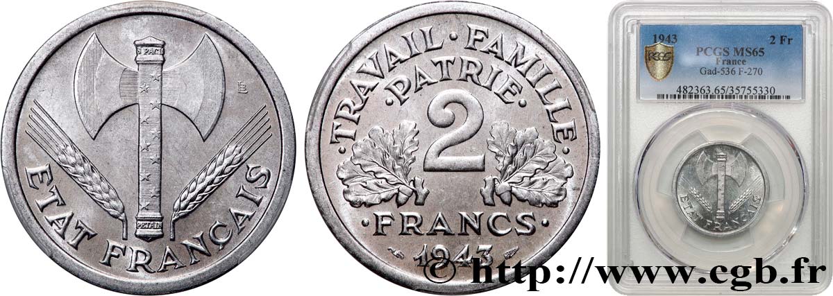 2 francs Francisque 1943  F.270/2 MS65 PCGS