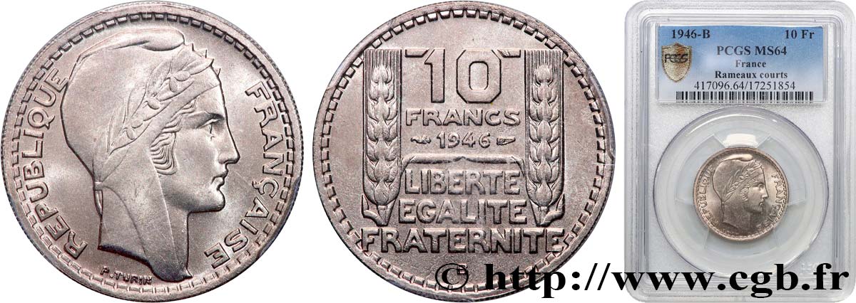 10 francs Turin, grosse tête, rameaux courts 1946 Beaumont-Le-Roger F.361A/3 fST64 PCGS