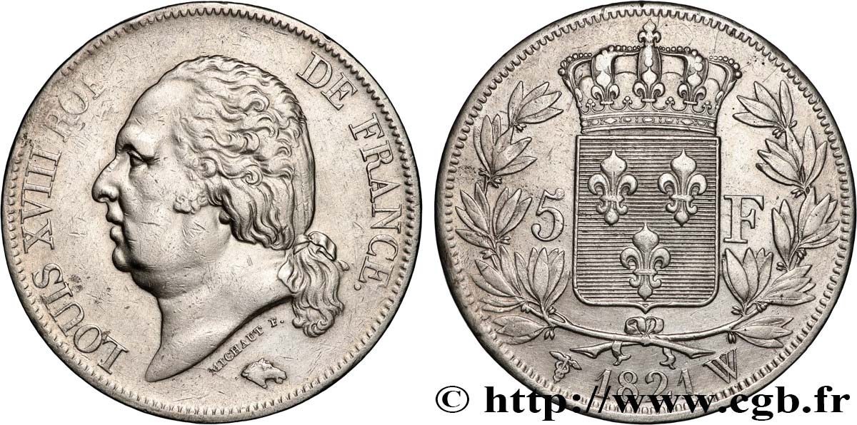 5 francs Louis XVIII, tête nue 1821 Lille F.309/67 MBC 