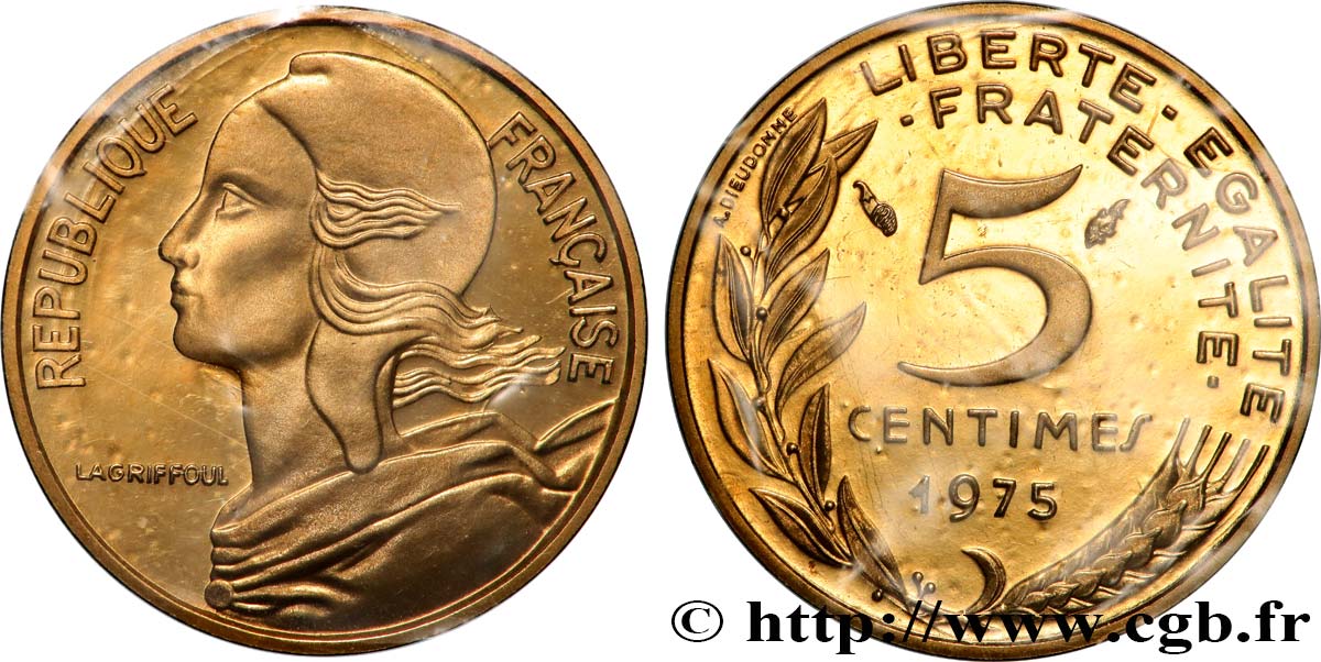 Piéfort Cu-Al-Ni de 5 centimes Marianne 1975 Pessac GEM.22 P1 MS 