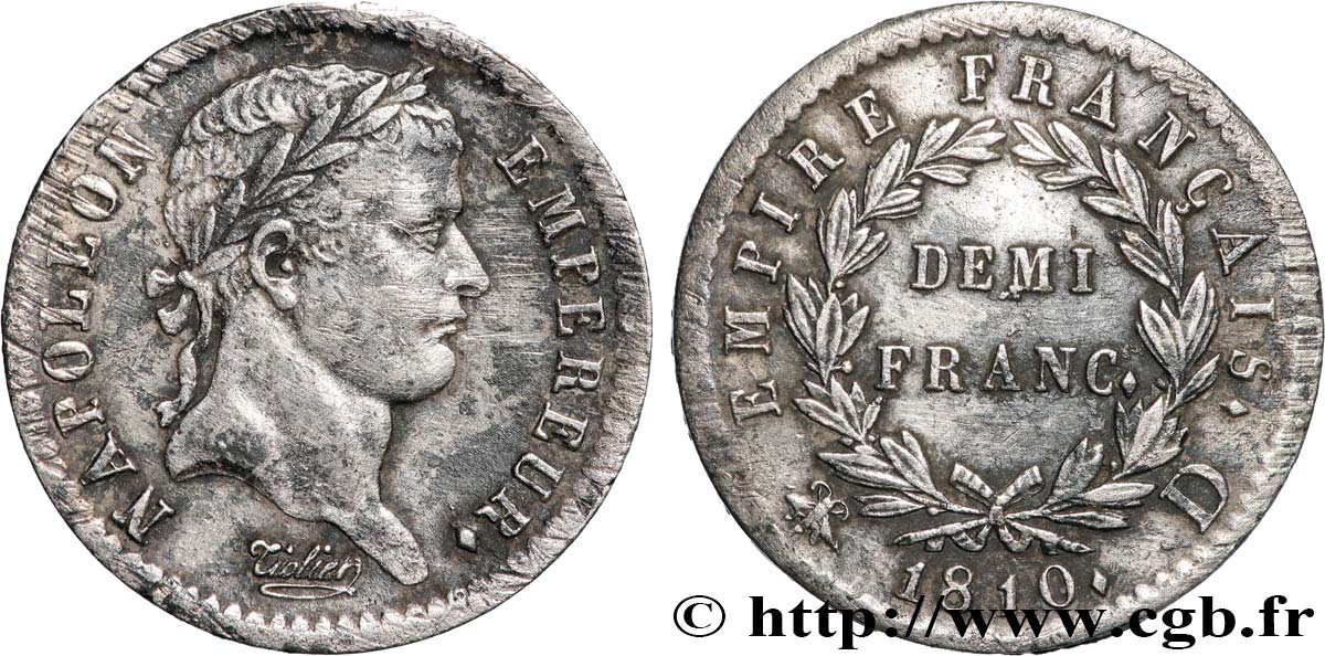 Demi-franc Napoléon Ier tête laurée, Empire français 1810 Lyon F.178/13 TB+ 