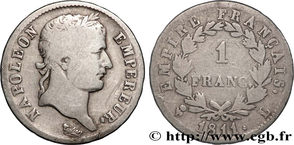 1 franc Napoléon Ier tête laurée, Empire français 1811 Bayonne F.205/35 B 
