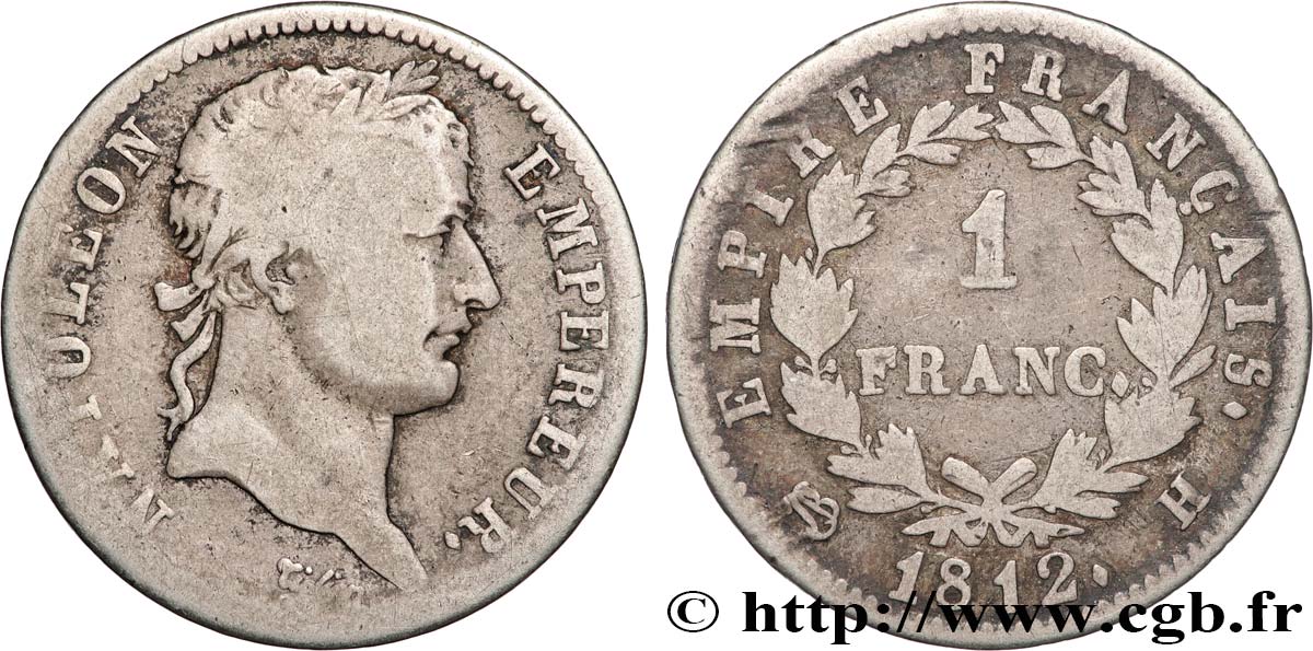 1 franc Napoléon Ier tête laurée, Empire français 1812 La Rochelle F.205/46 F 