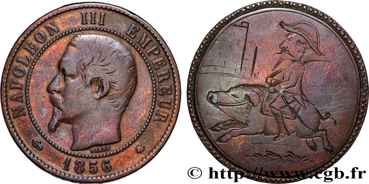 Dix centimes Napoléon III, tête nue, satirique, Napoléon III sur un cochon 1856 Strasbourg F.133/36 var. S 