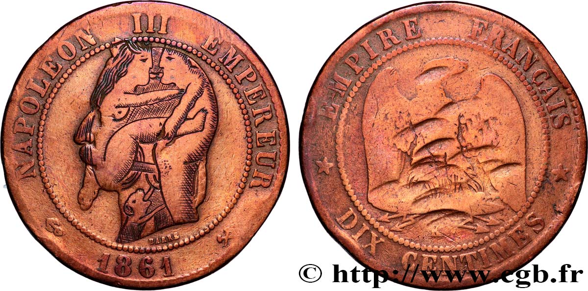 Dix centimes Napoléon III, tête laurée, regravure érotique 1861 Bordeaux F.134/6 var. SGE 