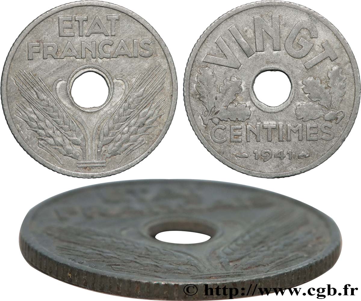 VINGT centimes État français, cannelures larges 1941  F.152/3 VF 