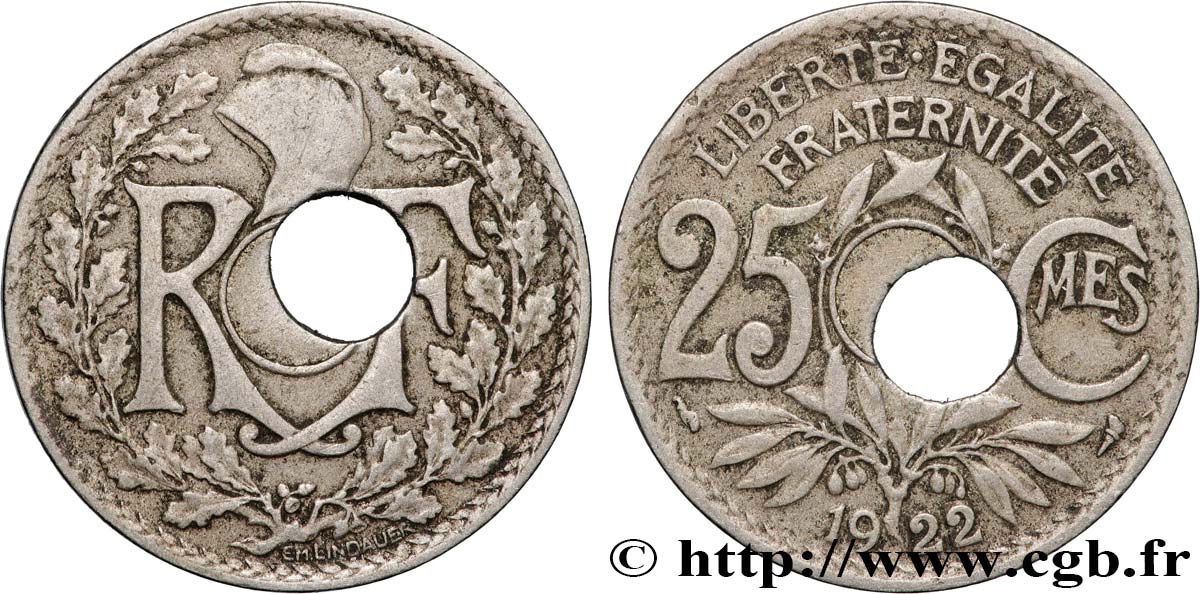 25 centimes Lindauer, Fauté perforation décentrée 1922  F.171/6 var. TB 