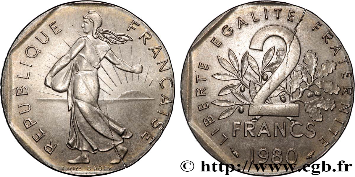 2 francs Semeuse, fauté erreur de flan 1980 Pessac F.272/4 var. AU 