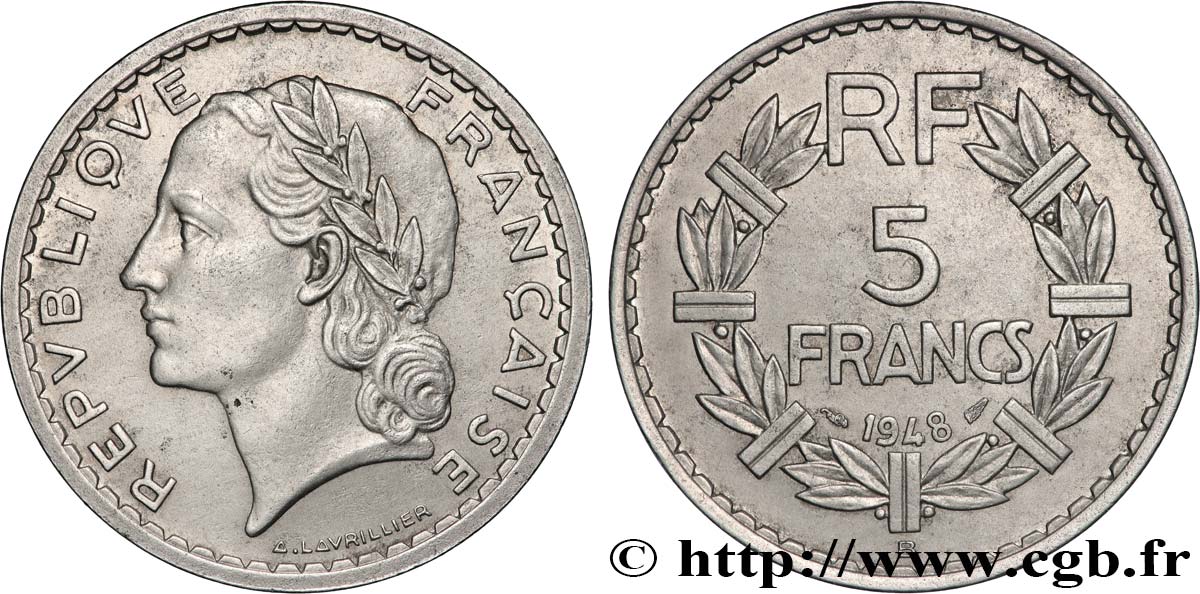 5 francs Lavrillier, aluminium, 9 fermé 1948 Beaumont-le-Roger F.339/16 AU 