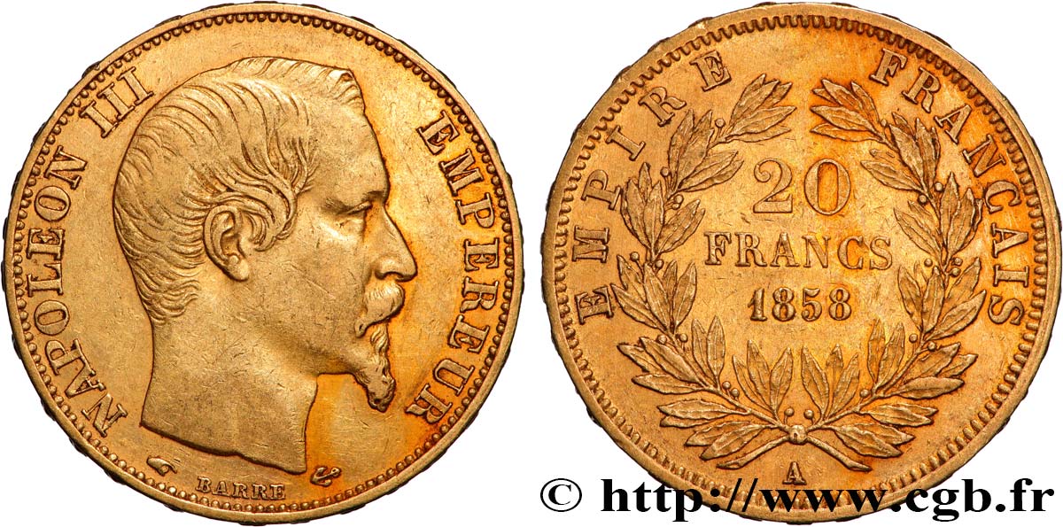 20 francs or Napoléon III, tête nue 1858 Paris F.531/13 MBC 