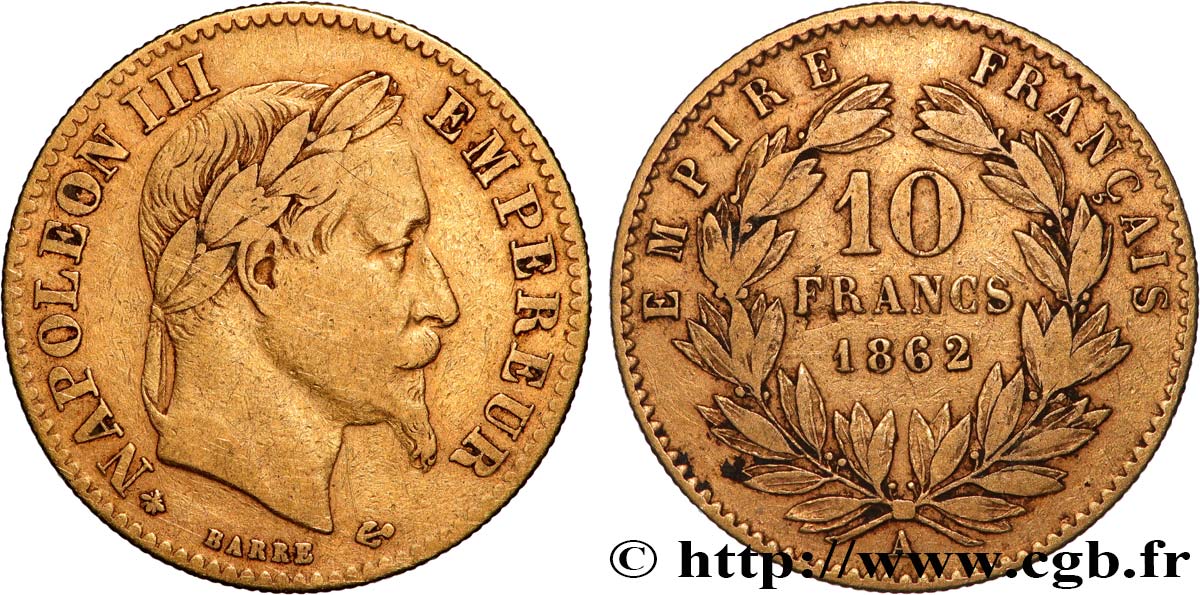 10 francs or Napoléon III, tête laurée, type définitif à grand 10 1862 Paris F.507A/1 VF 