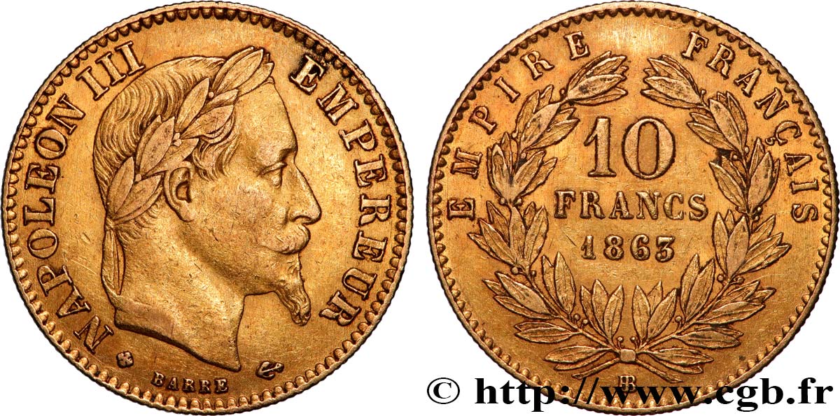 10 francs or Napoléon III, tête laurée, type définitif à grand 10 1863 Strasbourg F.507A/4 XF 