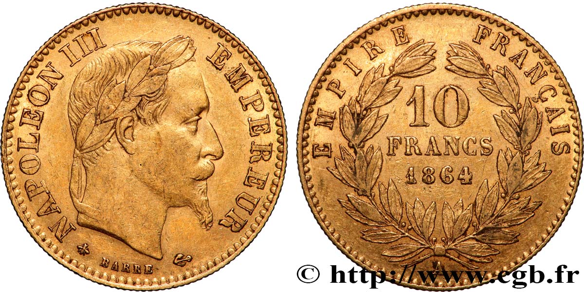 10 francs or Napoléon III, tête laurée, type définitif à grand 10 1864 Paris F.507A/6 TTB 