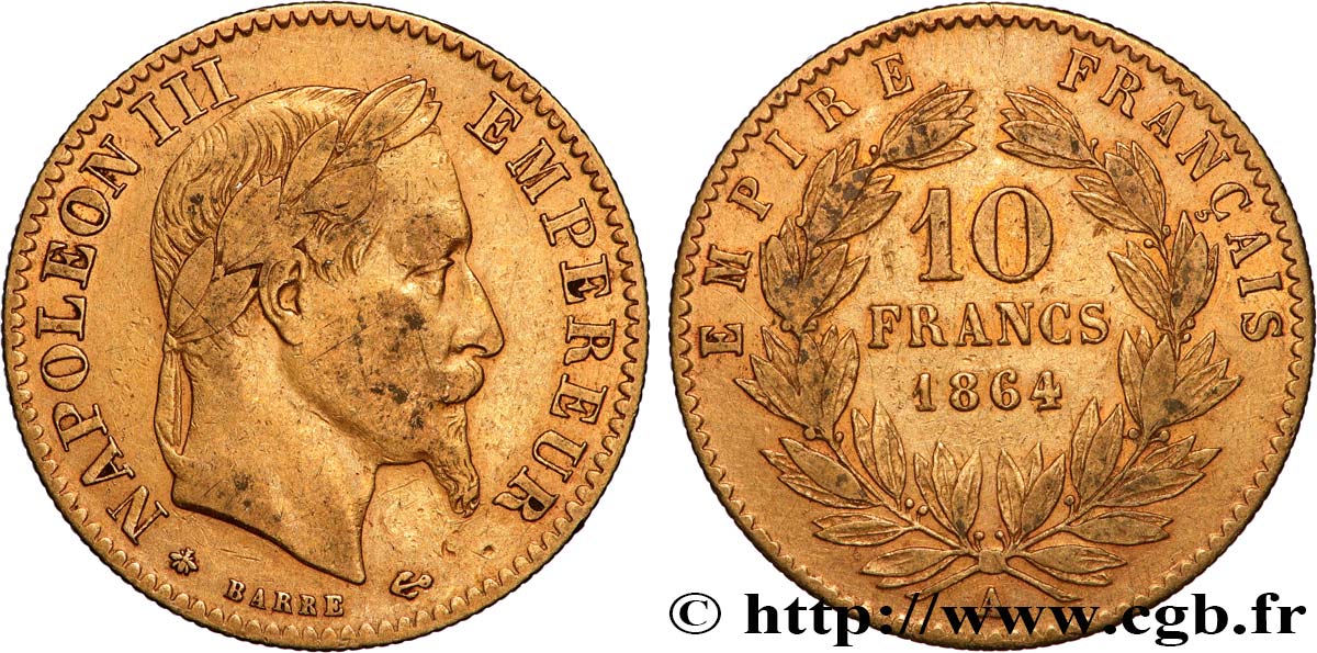 10 francs or Napoléon III, tête laurée, type définitif à grand 10 1864 Paris F.507A/6 TB+ 