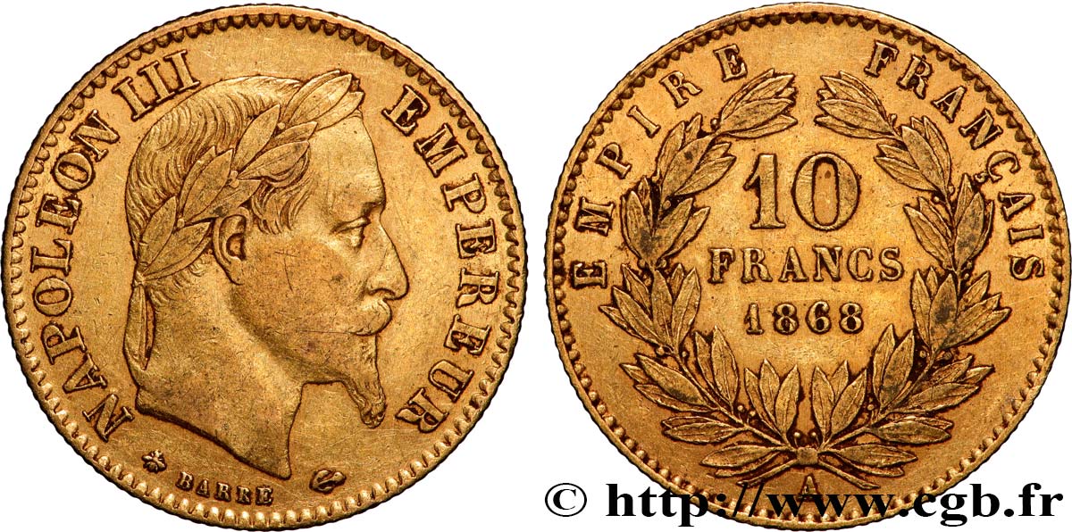 10 francs or Napoléon III, tête laurée 1868 Paris F.507A/17 fSS 