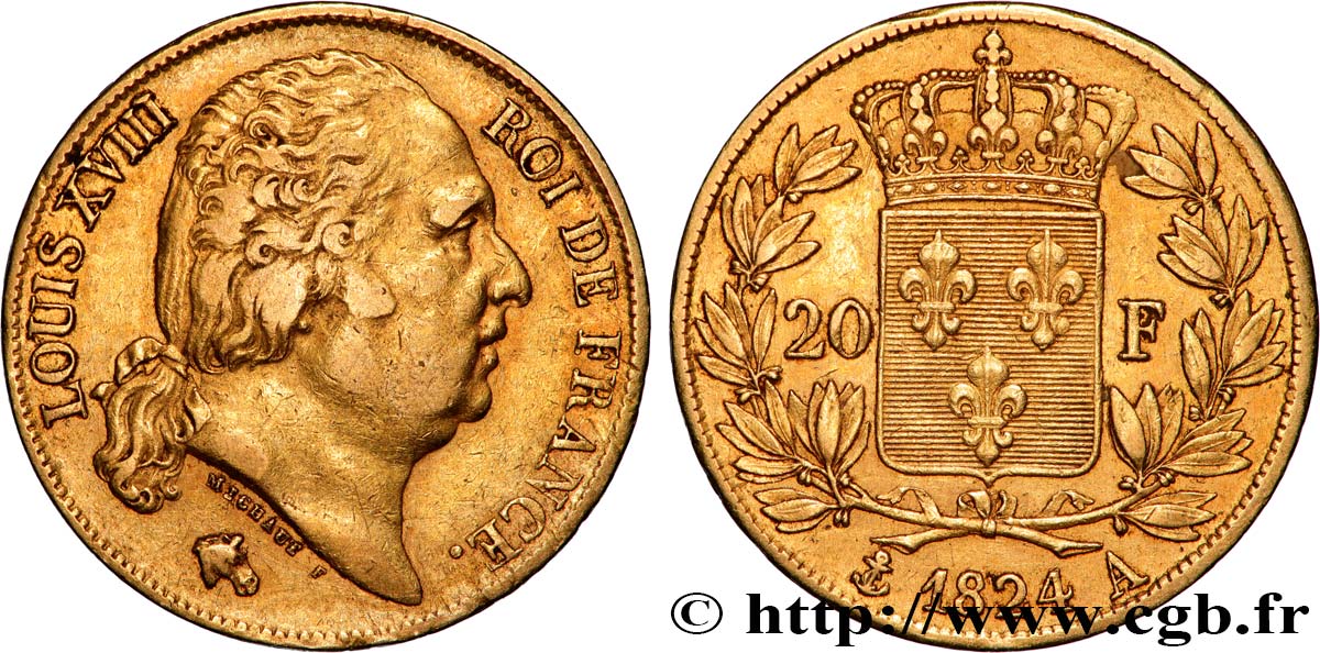 20 francs or Louis XVIII, tête nue 1824 Paris F.519/31 BB 