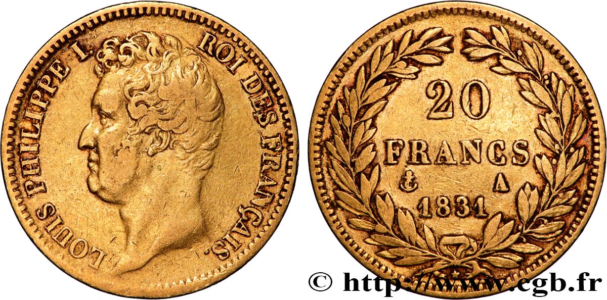 20 francs or Louis-Philippe, Tiolier, tranche inscrite en creux 1831 Paris F.524/2 TB+ 